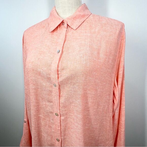 Tahari Linen Blend Coral Button Up Cover Up Shirt Dress Large - Picture 2 of 10